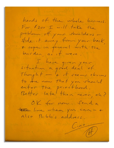 Hunter S. Thompson Autograph Letter Signed -- ''...it seems obvious to me now that you should enter the priesthood...''